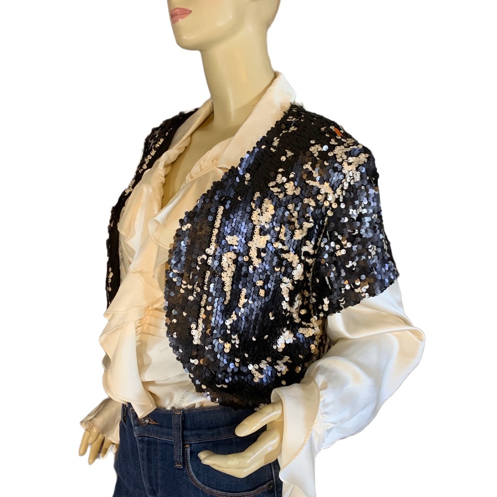 I.N. STUDIO BLACK & CREAM SEQUIN SHORT SLEEVE BOLERO JACKET NWT (L) - Picture 7 of 13
